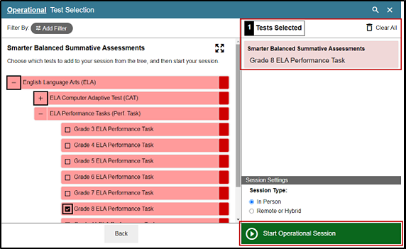 Operational Test Selection screen with the list of available tests expanded with the plus-sign icon, minus-sign icon, marked checkbox, Tests Selected section, and Start Operational Session button indicated