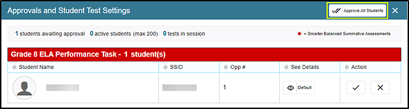 Approvals and Student Test Settings screen with Approve All Students button called out.