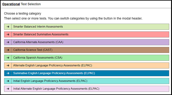 Operational Test Selection screen