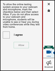 Checkbox with the words 'I agree' to give permission to the testing system to access the student's webcam and microphone