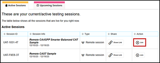 Active Sessions tab with a test session row in the Active Sessions table and the Join button indicated.