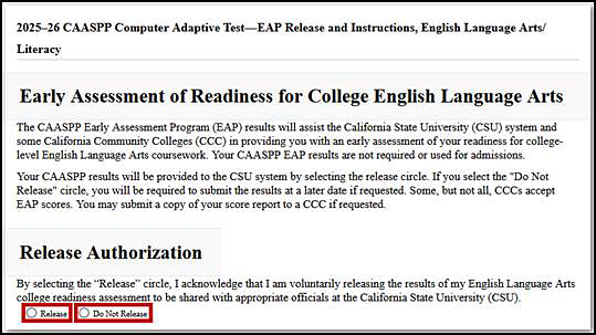 EAP screen at the end of an assessment in the Test Delivery System with the Release and Do Not Release radio buttons indicated..