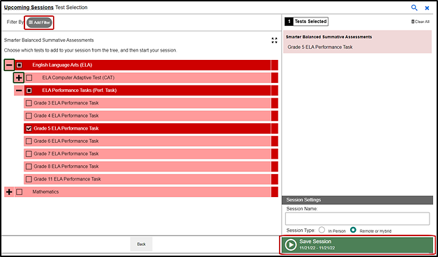 Upcoming Sessions Test Selection screen with the list of available items expanded and the Add Filter button, plus and minus, test checkbox, and Start Operational Session button indicated
