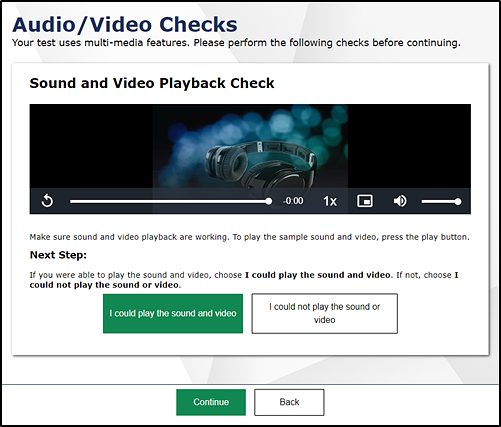 Audio/Video Checks page showing the playback interface
