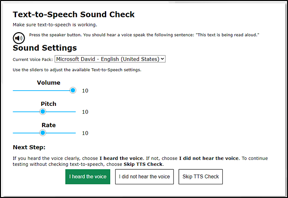 Text-to-Speech Sound Check screen
