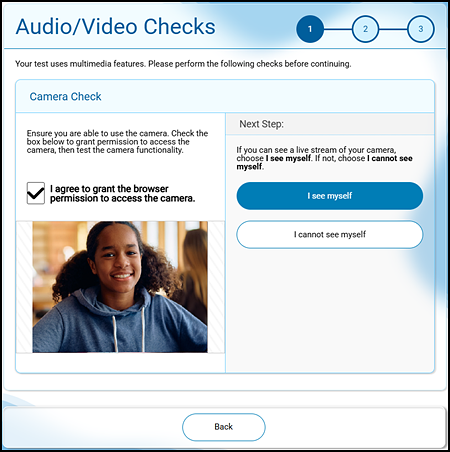 Audio/Video Check screen with checkbox for agreeing to give permission to access the camera.