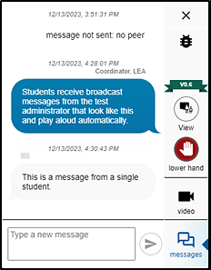 Remote widget displaying messages from the test administrator and from the student.