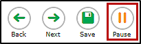 Top-left corner of screen with the Back, Next, Save, and Pause buttons; the Pause button is indicated.