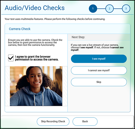 Camera Check section of the Audio/Video Checks screen.
