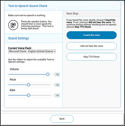 Text-to-Speech Sound Check section of the Audio/Video Checks screen.