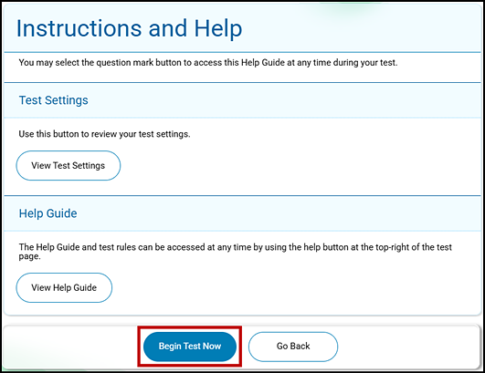 Practice Test Instructions and Help screen with the Begin Test Now button indicated.