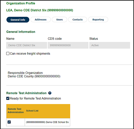 Organization Profile screen in TOMS with the Ready for Remote Test Administration checkbox marked.