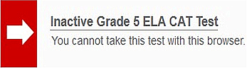 Error message with white arrow in red box reading 'Inactive grade 5 ELA CAT test: You cannot take this test with this browser.' 