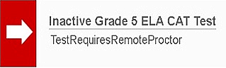 Error message with white arrow in red box reading 'Inactive grade 5 ELA CAT test: test requires remote proctor.' 
