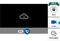 Black screen containing a grey cloud with a sad face. Below is a blue-filled circle with a white phone and an 'x.'