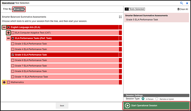 Operational Test Selection screen with the list of available items expanded and the Add Filter button, plus and minus, test checkbox, and Start Operational Session button indicated