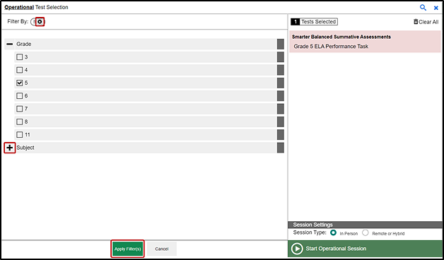 Operational Test Selection screen with the list of items that can be filtered, which are Grade and Subject, and the Expand and Apply Filter button indicated