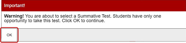 Summative Assessment confirmation box with the OK button called out