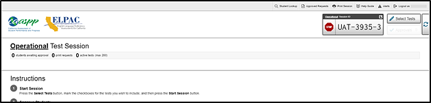 Top of the Test Administrator Interface with the session ID indicated