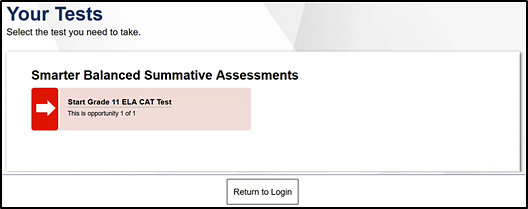 Your Tests screen from which a student selects a test