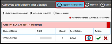 Approvals and Student Test Settings screen with Approve All Students button and Details called out