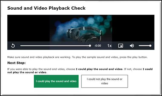 Sound and Video Playback Check screen with the I could play the sound and video button enabled
