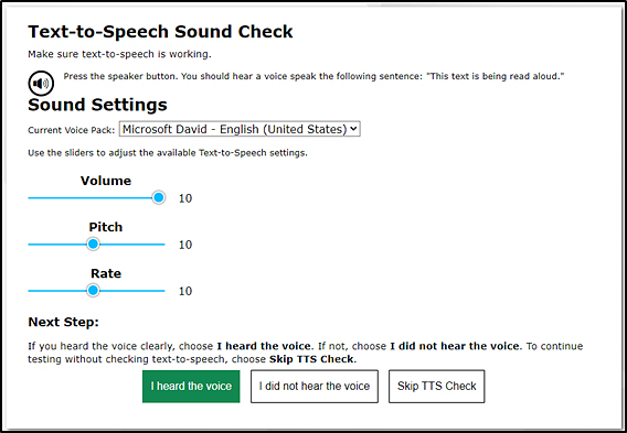 Text-to-Speech Sound Check screen with the I heard the voice button enabled
