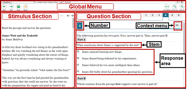 The test layout with the global menu, stimulus section, and question section identified (Within the question section, the question number, context menu, stem, and response area are called out.)