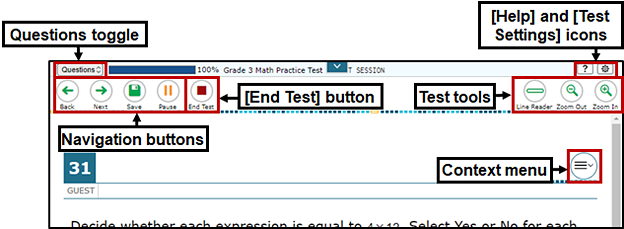 Test page, with the navigation buttons, End Test button, test tools, questions toggle, context menu, and help and location of the settings buttons identified