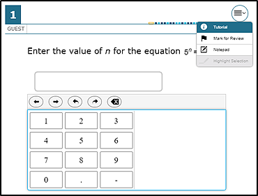 Mathematics practice test question with the context menu displaying the Tutorial, Mark for Review, and Notepad resources that are available