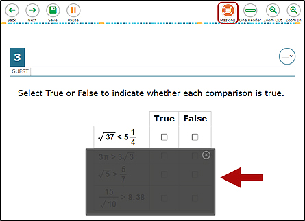 Sample student question with masking (i.e., a black box) applied to a portion of the answer options; the Masking button is called out in the top-right corner.
