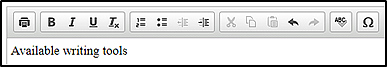 Writing toolbar, with buttons for Bold, Italics, Underline, Superscript, Numbered List, Bulleted List, Left Indentation, Right Indentation, Cut, Copy, Paste, Undo, Redo, Spell Check, and Symbols