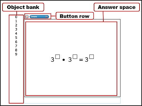 Sample grid question, with the object bank, button row, and answer space identified