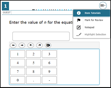 Mathematics practice test question with the context menu displaying the Item Tutorials, Mark for Review, Notepad, and Highlight Selection resources that are available.