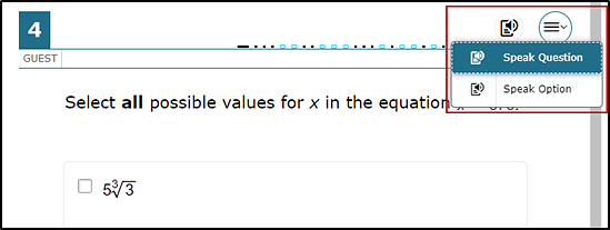 Sample test question, with the TTS icon displayed and the Speak Option and Speak Question options indicated.