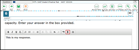 Sample test question with 'This is my response' in the response area and the Microphone indicated above the response area.