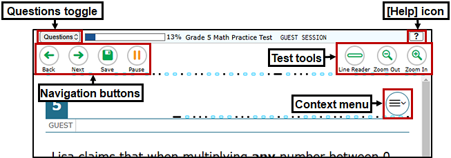 Sample test page with the questions toggle, Help and System Settings icons, navigation buttons, test tools, and Context menu indicated.