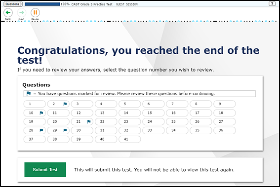 End Test page, which identifies the questions marked for review with a flag