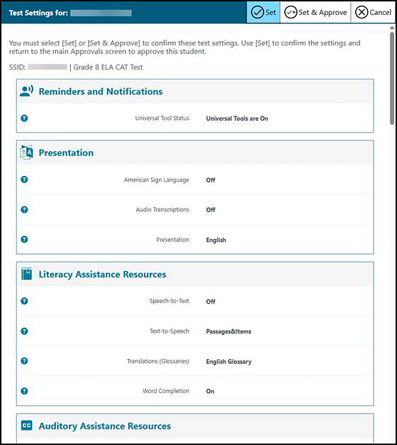 Review Test Settings screen for a selected student that shows sections for Reminders and Notifications, Presentation, and Literacy Assistance Resources.
