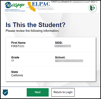 Is This the Student? screen showing student information and the Next and Return to Login buttons.