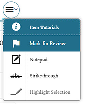 Context menu showing Mark for Review as the second item, after the Item Tutorials option and preceding the Notepad, Strikethrough, and Highlight Selection options