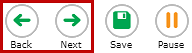 The Back, Next, Save, Pause, and End Test buttons at the top of the DEI with the Back and Next buttons indicated