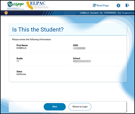 Is This the Student? screen showing student information and the Next and Return to Login buttons.