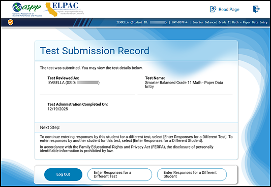 Test Submission Record screen with three buttons at the bottom: Log Out, Enter Responses for a Different Test, and Enter Responses for a Different Student.