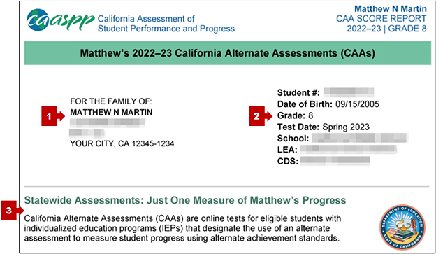 Top of the first page of the CAAs SSR with callouts pointing to the student name, student information, and information about statewide assessments