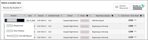 Student Options context menu.