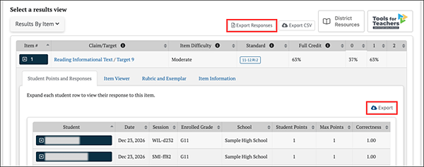 IAB Results By Item additional details [Export Responses] and [Export] buttons.