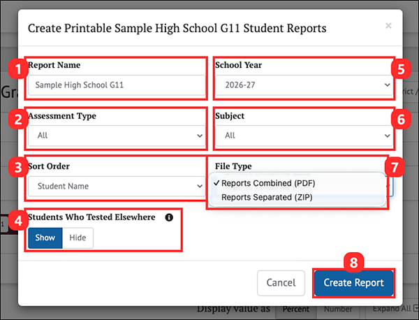 Printable Reports Pop-up Menu with file type selection.