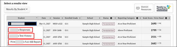 context menu where users can view individual student test history.