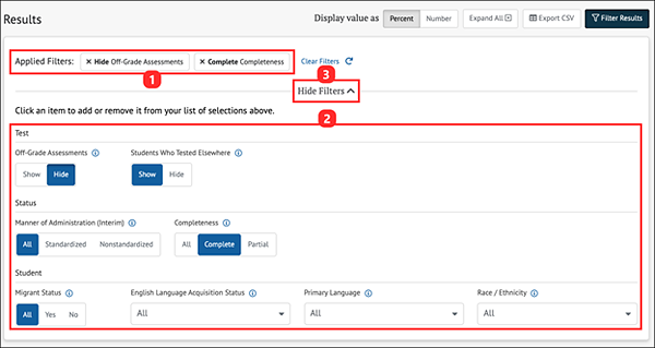 advanced filters panel for assessments.